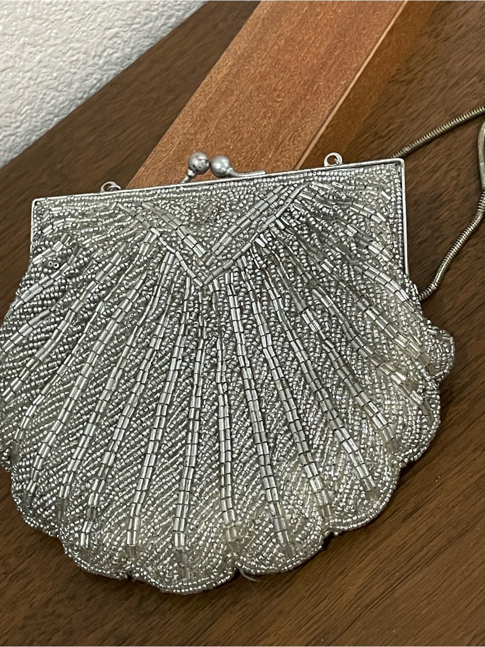 Art Deco style, Silver Beaded Scallop Clutch Bag w/ Chain Strap